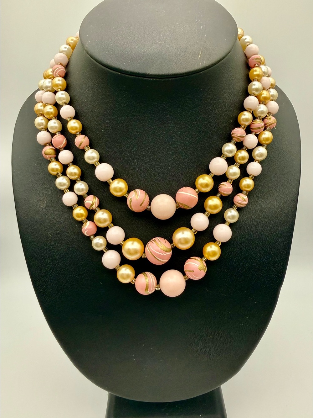 Vintage Signed Japan Triple Strand Pink & Gold Faux Pearl Necklace